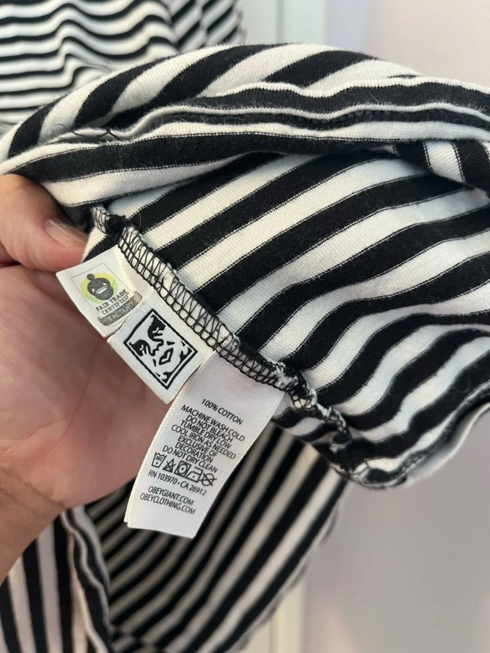 OBEY XL Black & White Striped Short-Sleeve Tee with Yellow Sun Motif PTP 25-28 - Picture 6 of 8